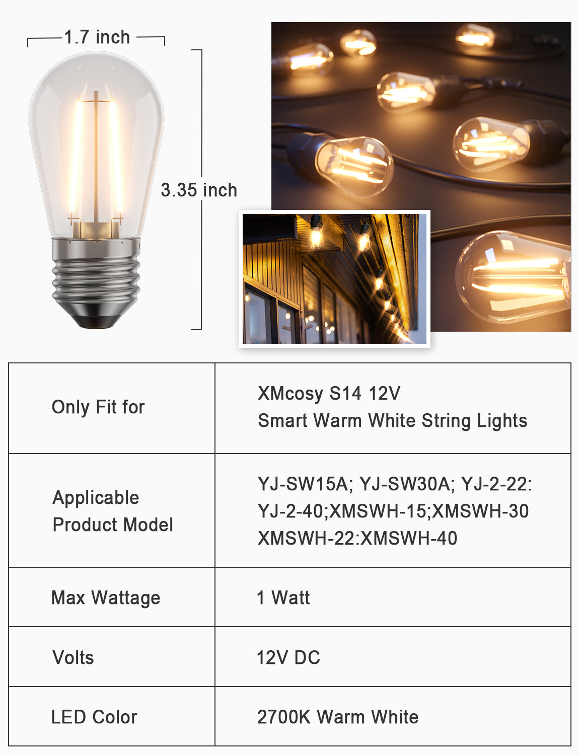 XMCOSY+ S14 12V Warm White Plastic Bulbs