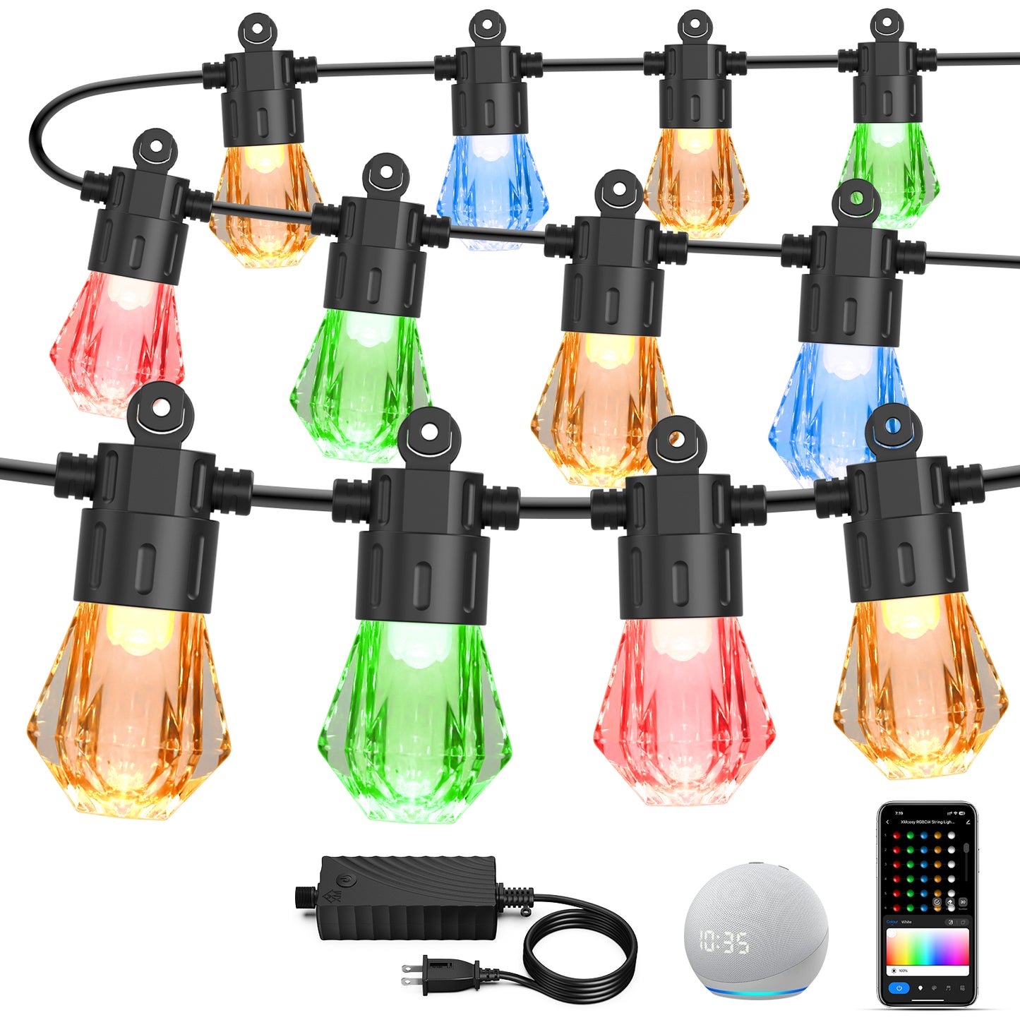 XMCOSY+ Dimmable Acrylic Bulbs Smart String Lights RGBCW Color Changing