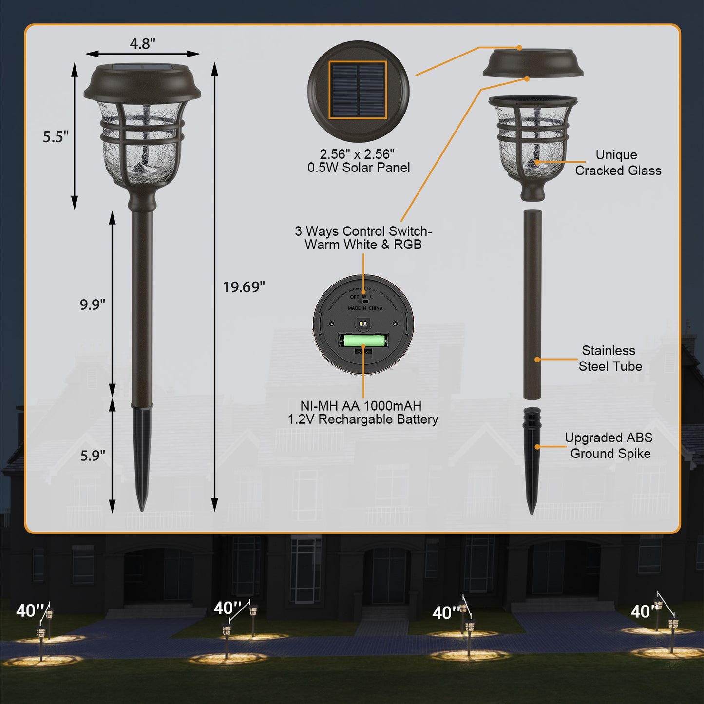 XMCOSY+ RGB &Warm White Outdoor Solar Pathway Lights- 6 Pack