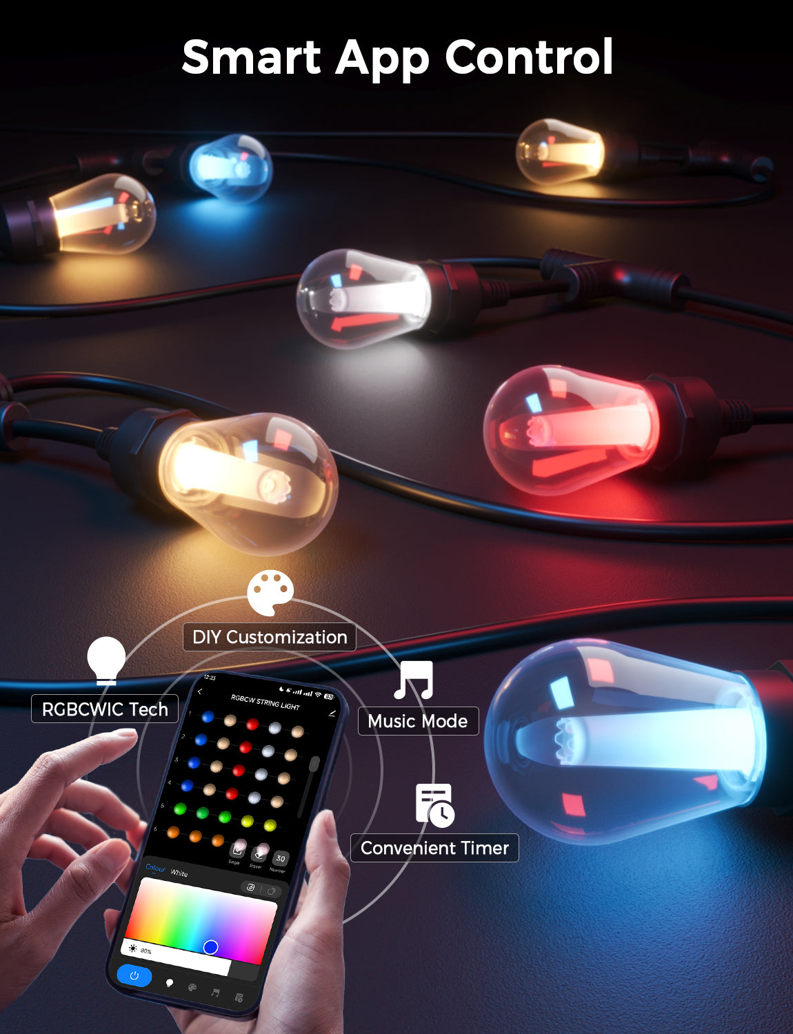 XMCOSY+ Smart Outdoor String Lights RGBCWIC Color Changing