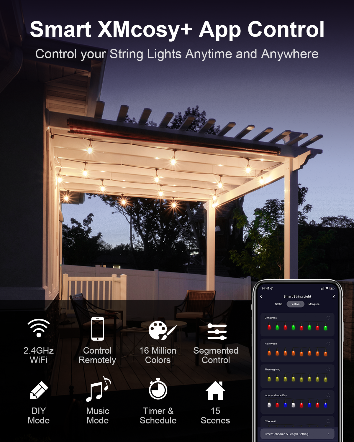 XMCOSY+ Smart Outdoor String Lights RGBIC Warm White