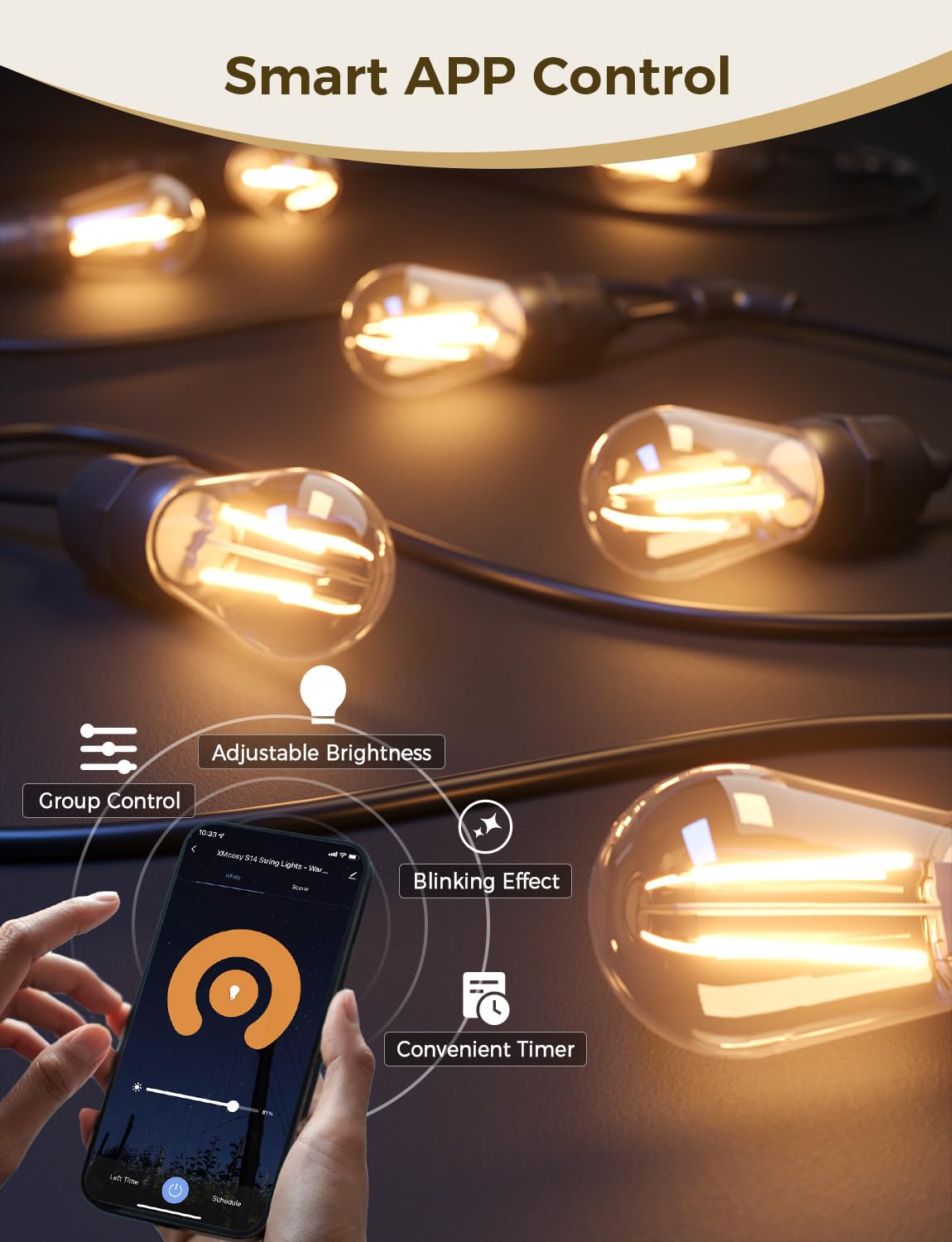 XMCOSY+ Upgraded Smart LED Outdoor String Lights with Dimmable  Edison Bulbs