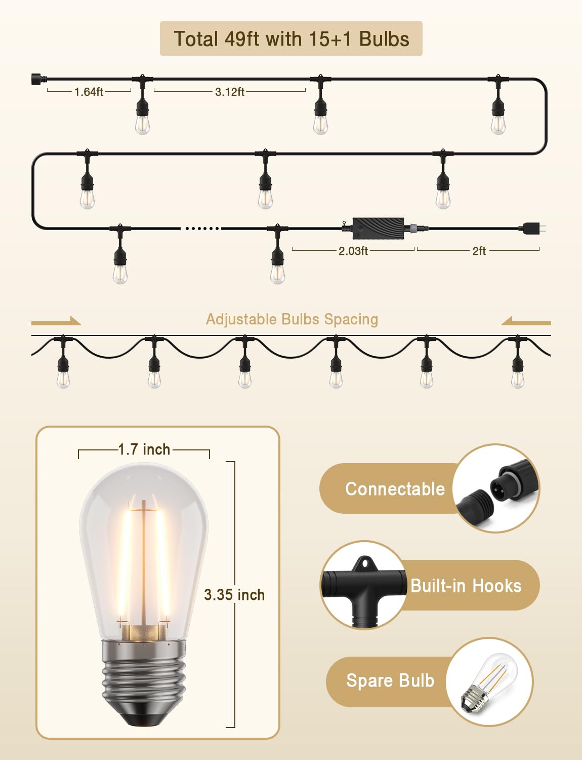 XMCOSY+ Upgraded Smart LED Outdoor String Lights with Dimmable  Edison Bulbs